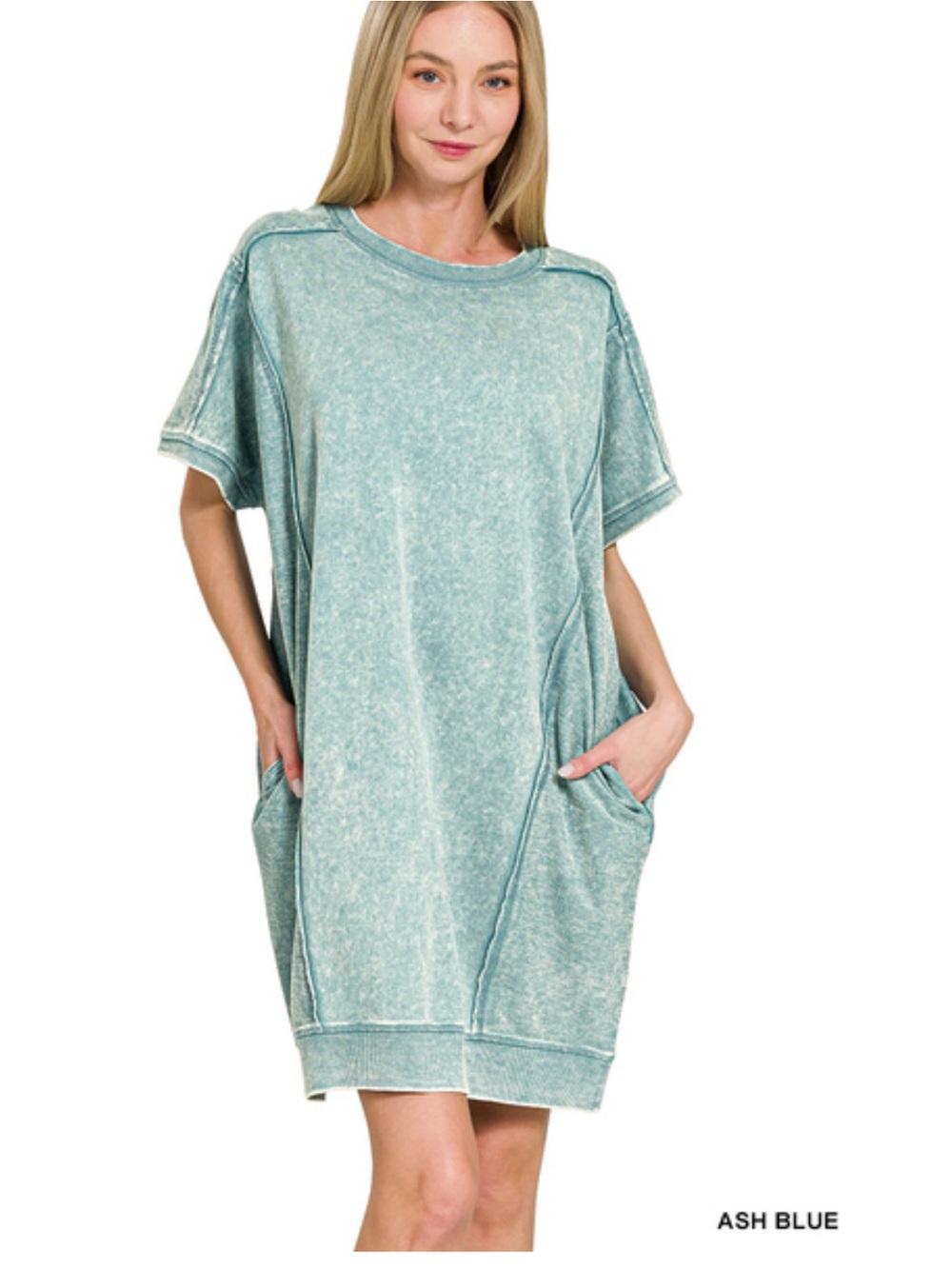 113 ash blue French terry ACID WASH SHORT SLEEVE DRESS WITH POCKETS